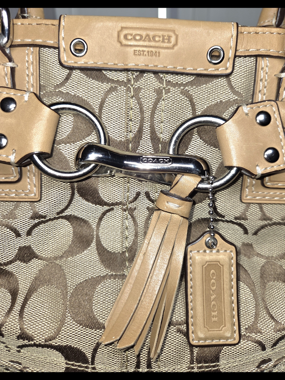COACH Tan Signature Canvas Tote with Tassel - Picture 4 of 8